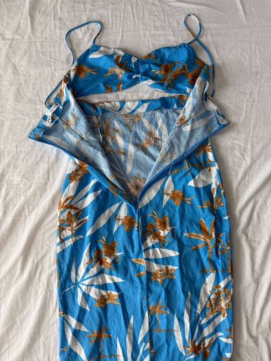 Zara Blue Tropical Palm Print Midi Dress Size M Spaghetti Strap Ruched Bust - Picture 8 of 10